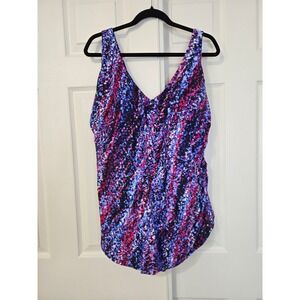 Swim365 Swimsuits For All Blue Purple Abstract Print V-Neck Swimdress Plus 24